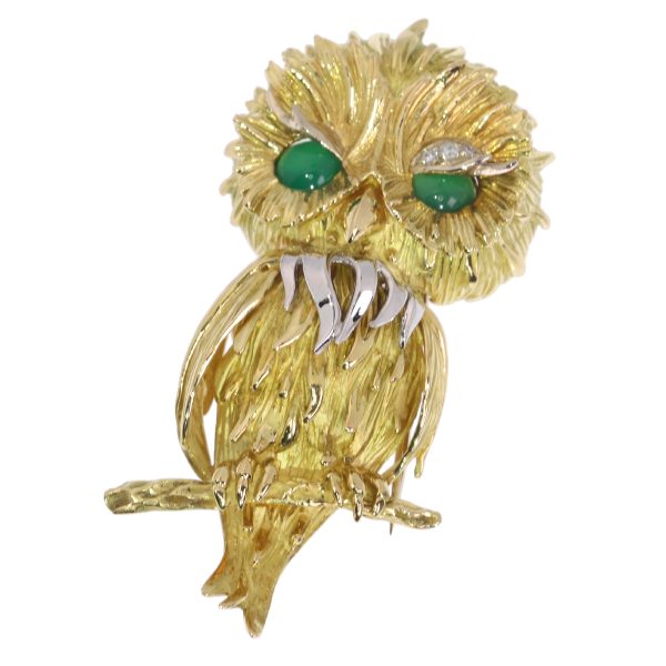 Vintage French Diamond Set Gold Owl Brooch