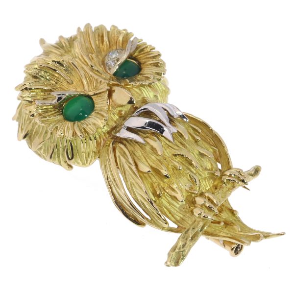 Vintage French Diamond Set Gold Owl Brooch