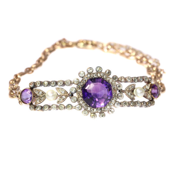 Antique Victorian Gold Bracelet with Amethyst Diamonds and Pearls