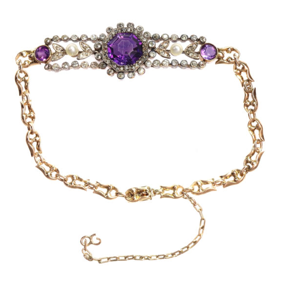 Antique Victorian Gold Bracelet with Amethyst Diamonds and Pearls