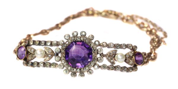 Antique Victorian Gold Bracelet with Amethyst Diamonds and Pearls