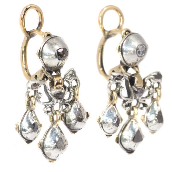 Antique Baroque Rose Cut Diamond Earrings, Silver and Gold, Circa 1700