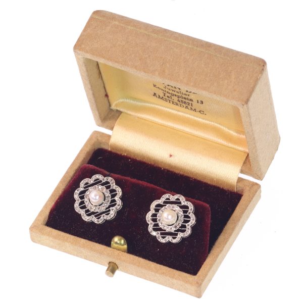 Antique Edwardian Pearl and Rose Cut Diamond Stud Earrings, Platinum