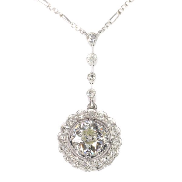 Art Deco Old Cut Diamond and Platinum Cluster Pendant Necklace