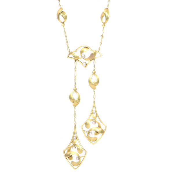 Antique Art Nouveau Gold Necklace with Mistletoe Motive