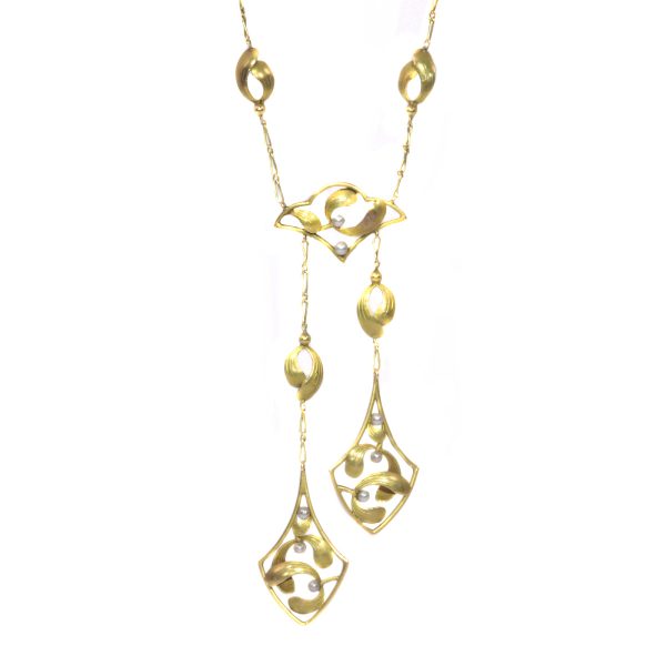 Antique Art Nouveau Gold Necklace with Mistletoe Motive