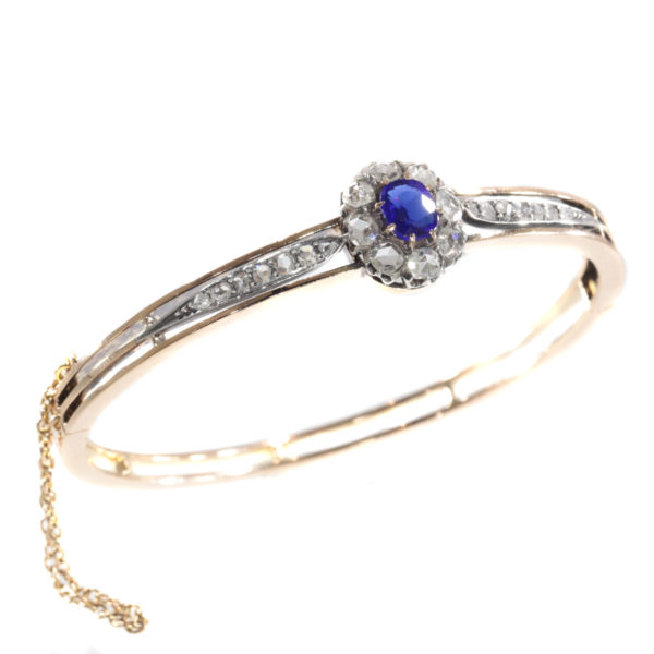 Antique Victorian Gold Bangle Set with Diamonds and Blue Strass