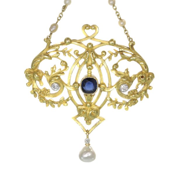 Antique Victorian French Diamond Sapphire and Pearl Gold Pendant