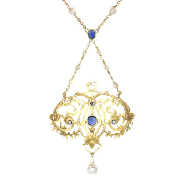 Antique Victorian French Diamond Sapphire and Pearl Gold Pendant