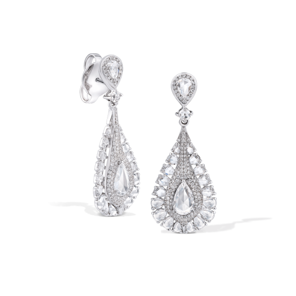 Rose Cut Diamond Teardrop Drop Earrings, featuring 3.83 carats of pear and round rose cut diamonds further accented by 276 dazzling round brilliant-cut diamonds