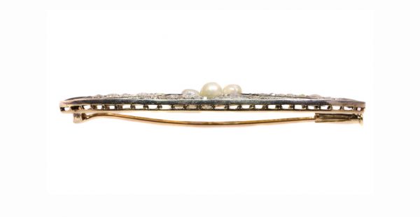 Vintage Art Deco Pearl Onyx and Diamond Brooch, Silver and Gold