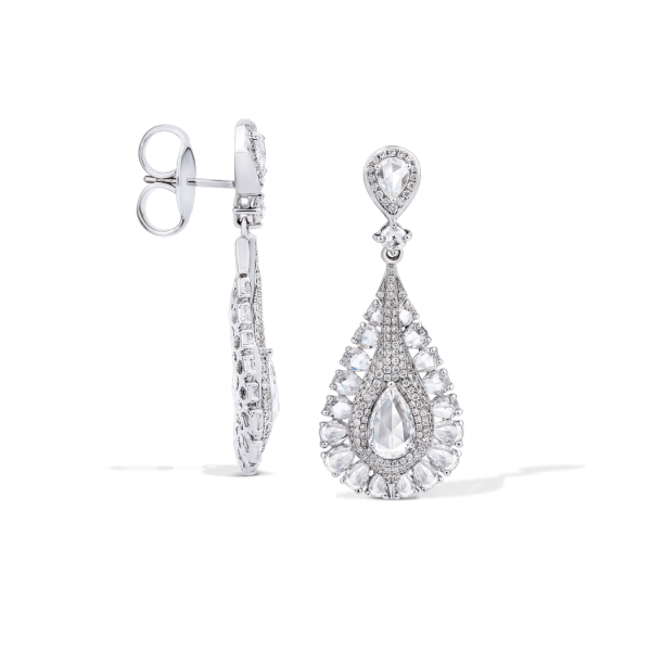 Rose Cut Diamond Teardrop Drop Earrings, featuring 3.83 carats of pear and round rose cut diamonds further accented by 276 dazzling round brilliant-cut diamonds
