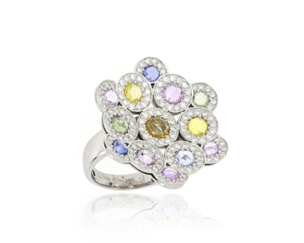 Fancy Coloured Sapphire and Diamond Cluster Ring, 18ct White Gold