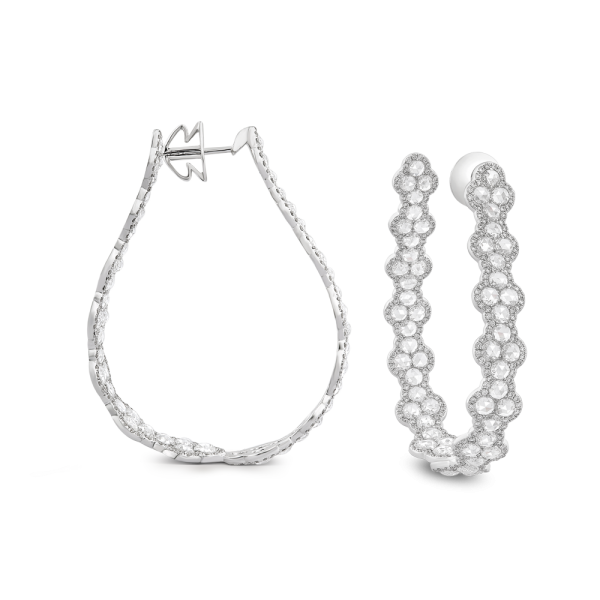 Rose Cut Diamond Hoop Earrings; Crafted from 112 rose-cuts and 540 round brilliant cut diamonds, seamlessly contoured, 7.73 carat total, 18ct white gold