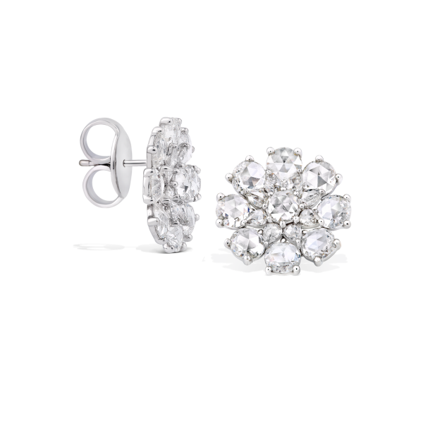 Rose Cut Diamond Flower Stud Earrings; Crafted from thirty-two rose-cut petals surrounding two 0.22ct round rose-cut diamonds, 5.83ct total, 18ct white gold