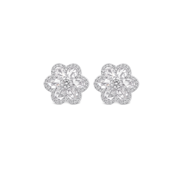 Rose Cut Diamond Blossom Floral Stud Earrings, 2.97 carats