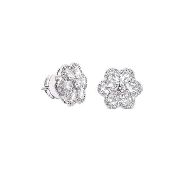 Rose Cut Diamond Blossom Floral Stud Earrings, 2.97 carats