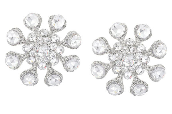 Rose Cut Diamond Flower Stud Earrings, 8.78 carat total, 18ct White Gold