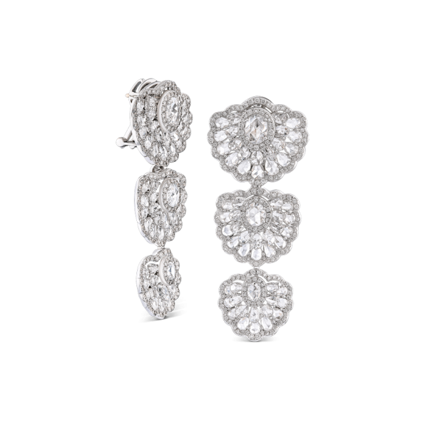 Rose Cut Diamond Orchid Floral Drop Earrings; 118 rose cut diamonds are accented by a border of 406 brilliant cut diamonds, 8.51ct total, 18ct white gold