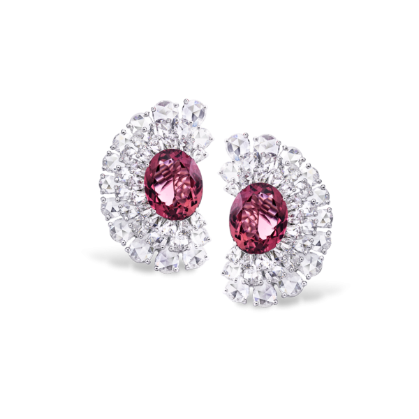 Rubelite and Diamond Stud Earrings, 11.60 carat total; oval cut rubelites totaling 5.90 carats surrounded by 5.78 carats of rose cut diamonds, 18ct white gold