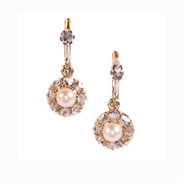 Antique Victorian Pearl and Rose Cut Diamond Earrings, Silver and Gold