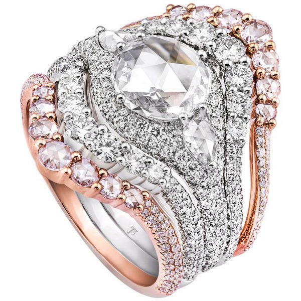 Rose Cut Diamond Pave Stacking Ring, 3.11 Carat Total, 18ct Gold