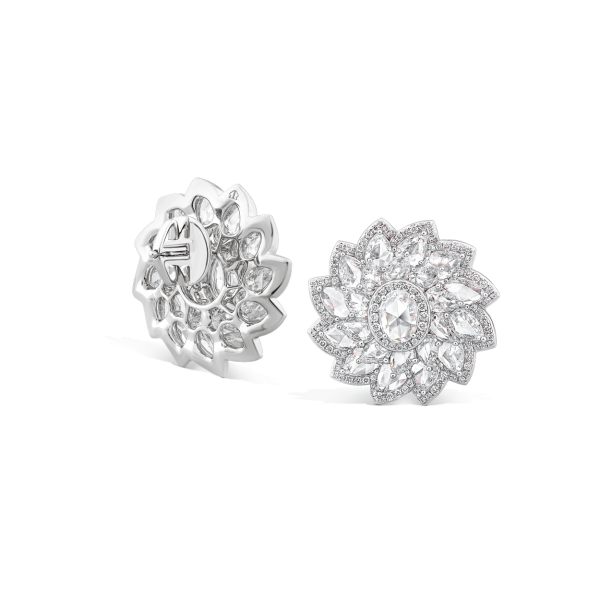 Rose Cut Diamond Flower Cluster Stud Earrings; featuring 0.30ct oval rose cut diamonds surrounded by forty-four rose cut diamond petals, 7.74ct total, 18ct white gold