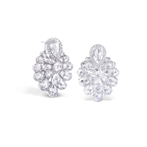Diamond Flower Cluster Earrings; crafted with forty rose-cut diamonds, in a step setting to enhance their floral form, 9.95 carat total, 18ct white gold