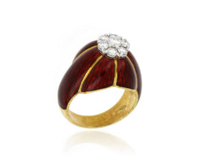 Diamond Set Red Enamel Ring in 18ct Yellow Gold