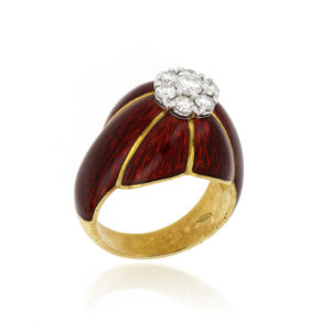 Diamond Set Red Enamel Ring in 18ct Yellow Gold