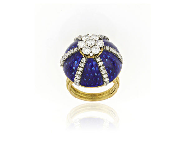 Fine Diamond Set Blue Enamel Cocktail Ring, 18ct Yellow Gold