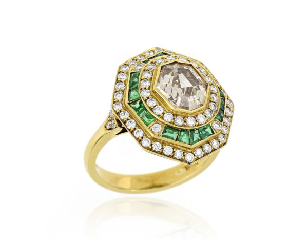Fine Emerald and Diamond Target Cluster Ring, 18ct Yellow Gold