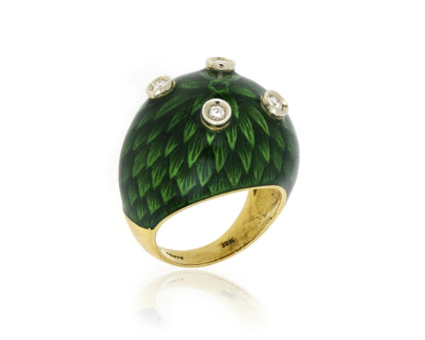 Green Enamel Diamond Set Ring in 18ct Yellow Gold