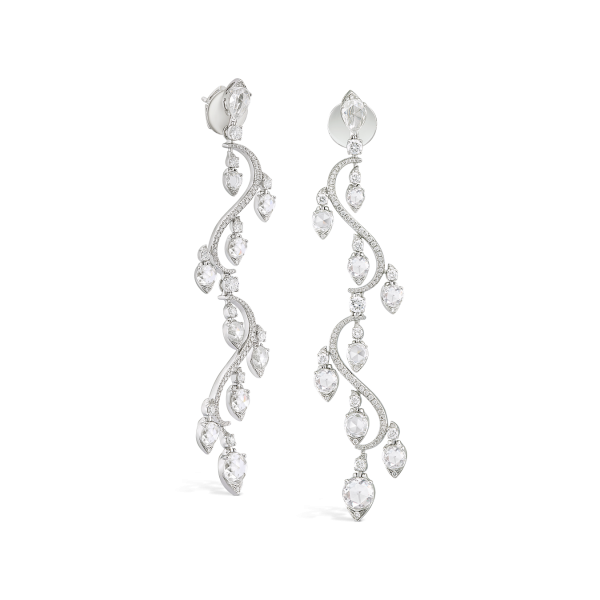 Contemporary Diamond Drop Earrings; 18 graduated rondelle diamonds, accented with 212 round brilliant cut diamonds, 4.21 carat total, 18ct white gold
