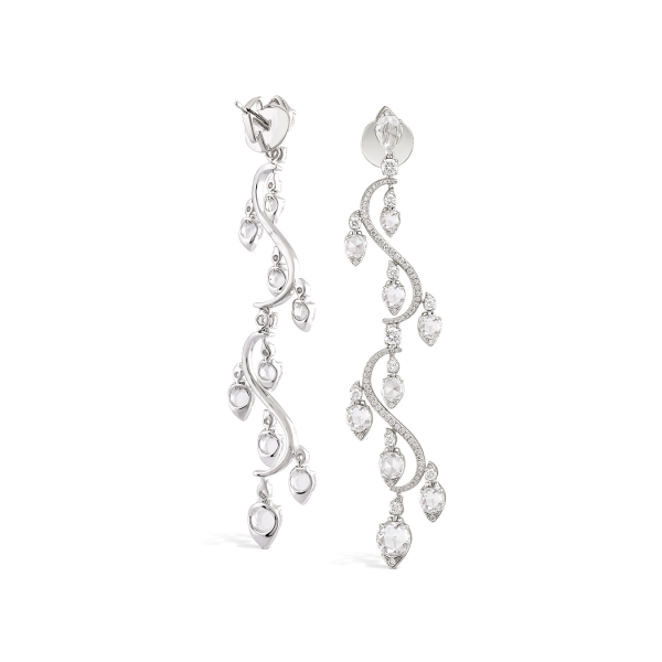 Contemporary Diamond Drop Earrings; 18 graduated rondelle diamonds, accented with 212 round brilliant cut diamonds, 4.21 carat total, 18ct white gold