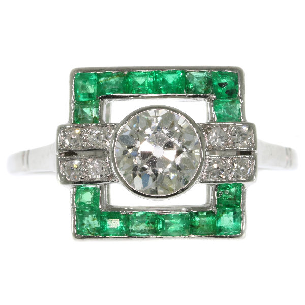 Antique Art Deco Diamond Emerald Platinum Ring