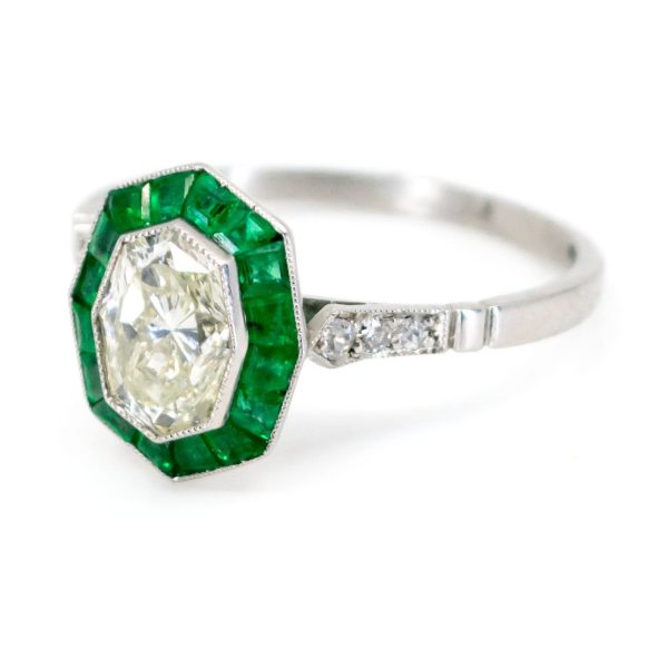 Art Deco Style 1.03ct Diamond and Emerald Target Platinum Ring