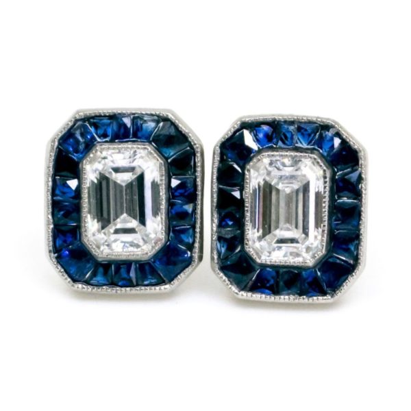 Art Deco Style Diamond Sapphire Cluster Platinum Earrings