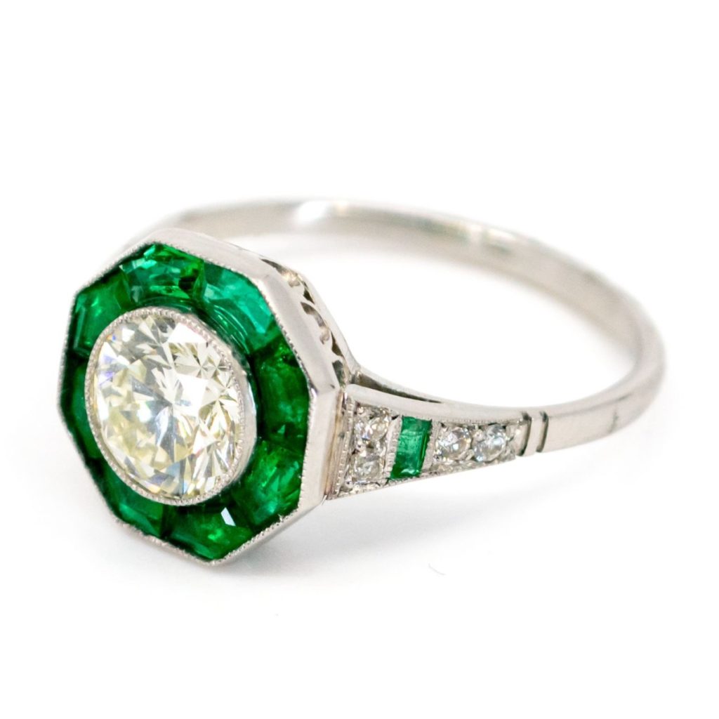 Art Deco Style Emerald and 1ct Old European Cut Diamond Ring