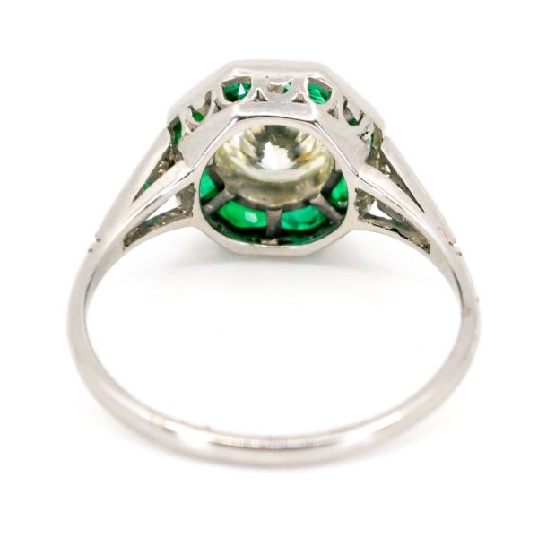 Art Deco Style Emerald and 1ct Old European Cut Diamond Ring