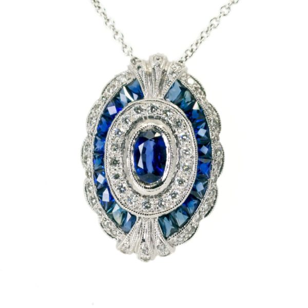 Art Deco Style Sapphire Diamond 18ct White Gold Pendant Necklace