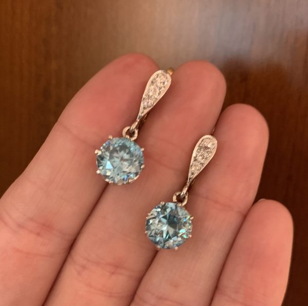 Antique Art Deco Diamond and Blue Zircon Earrings