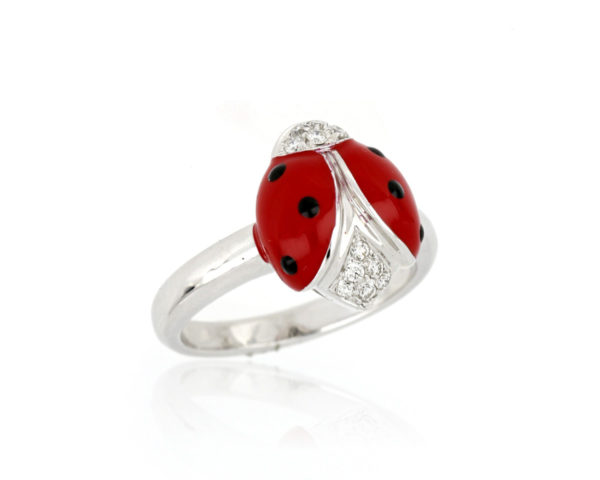 Diamond Set Enamel Ladybird Ring, 18ct White Gold
