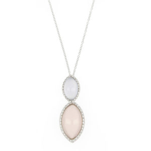 Rose Quartz, Blue Chalcedony and Diamond Set Drop Pendant Necklace, 18ct White Gold