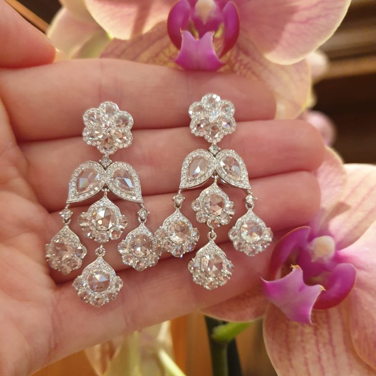 Rose Cut Diamond Floral Chandelier Earrings, 7.71cts, 18ct White Gold