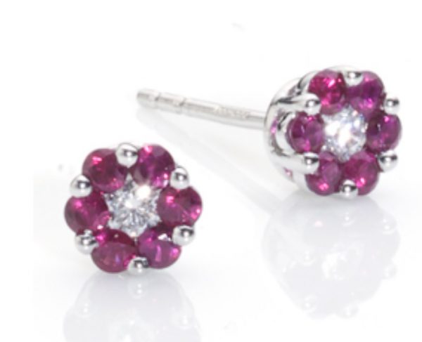 Ruby flower earrings cluster yellow gold diamonds studs