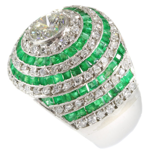 Vintage Art Deco Bombé Emerald Diamond Platinum Ring