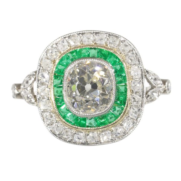 Vintage Diamond Emerald Target Cluster Platinum Ring