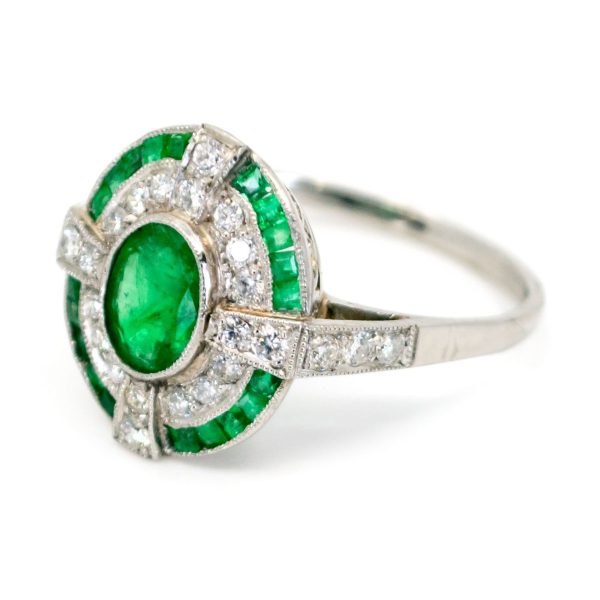 Vintage Emerald and Diamond Cluster Platinum Ring