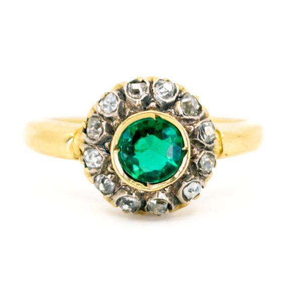 Vintage Emerald and Old Mine Cut Diamond Cluster Ring 